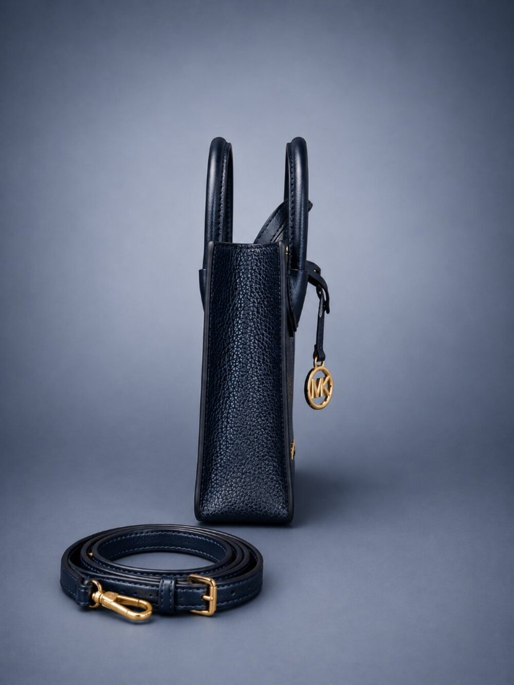 MICHAEL KORS Navy Pebbled Leather Mini Crossbody Satchel Tote Bag Gold Hardware - Picture 9 of 9